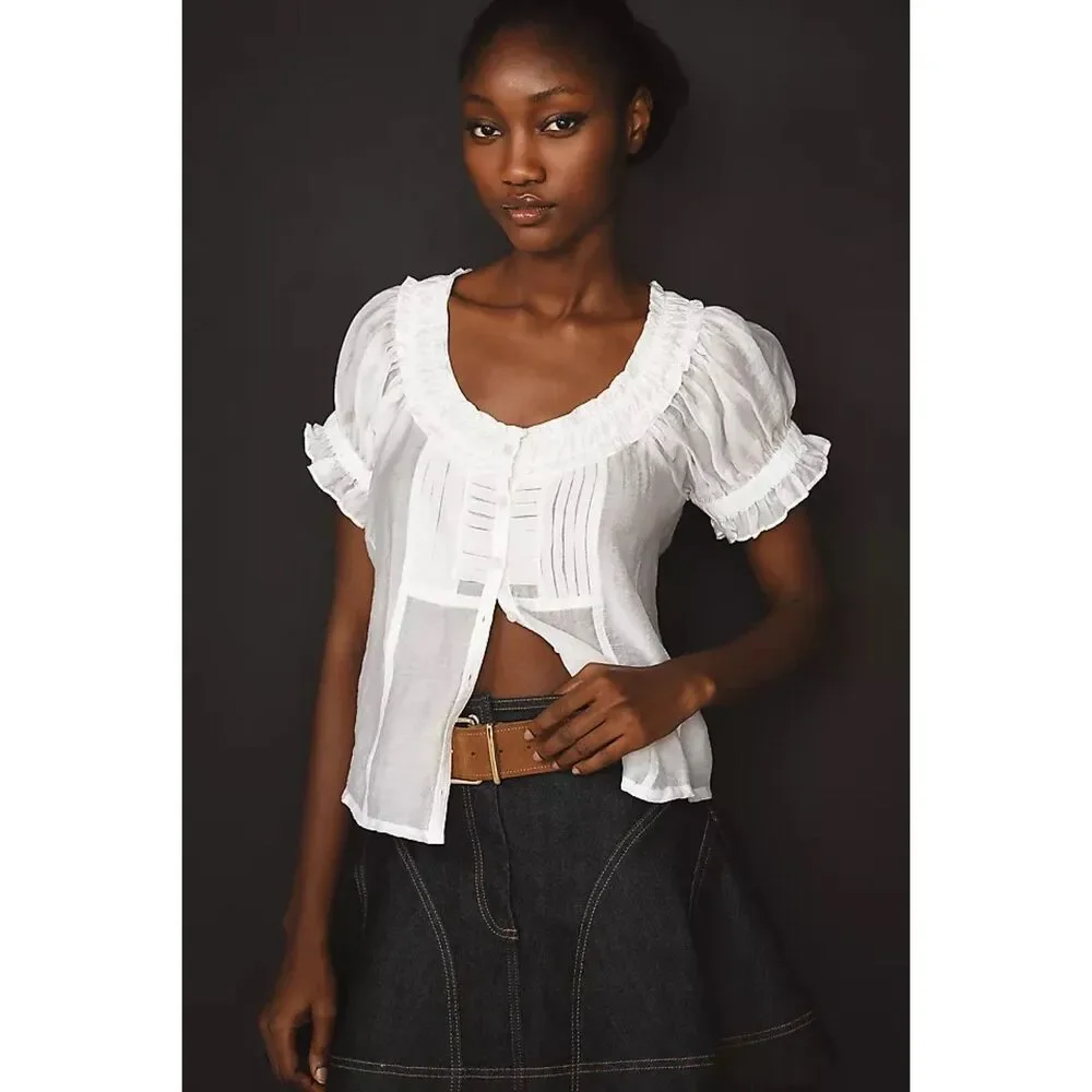 Pilcro Short-Sleeve Button Up Sheer Silky Blouse Scoop Neck Puff Sleeve Top XS